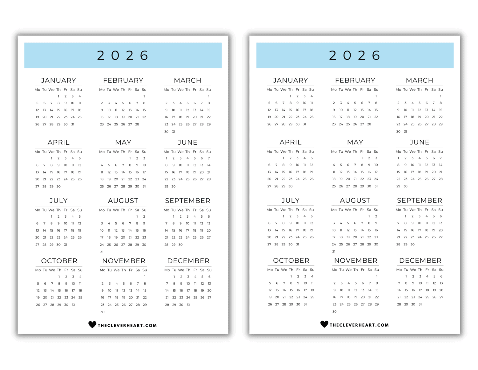 2026 Yearly Calendar Printable  Cute & Free Printable Calendars - The Clever Heart