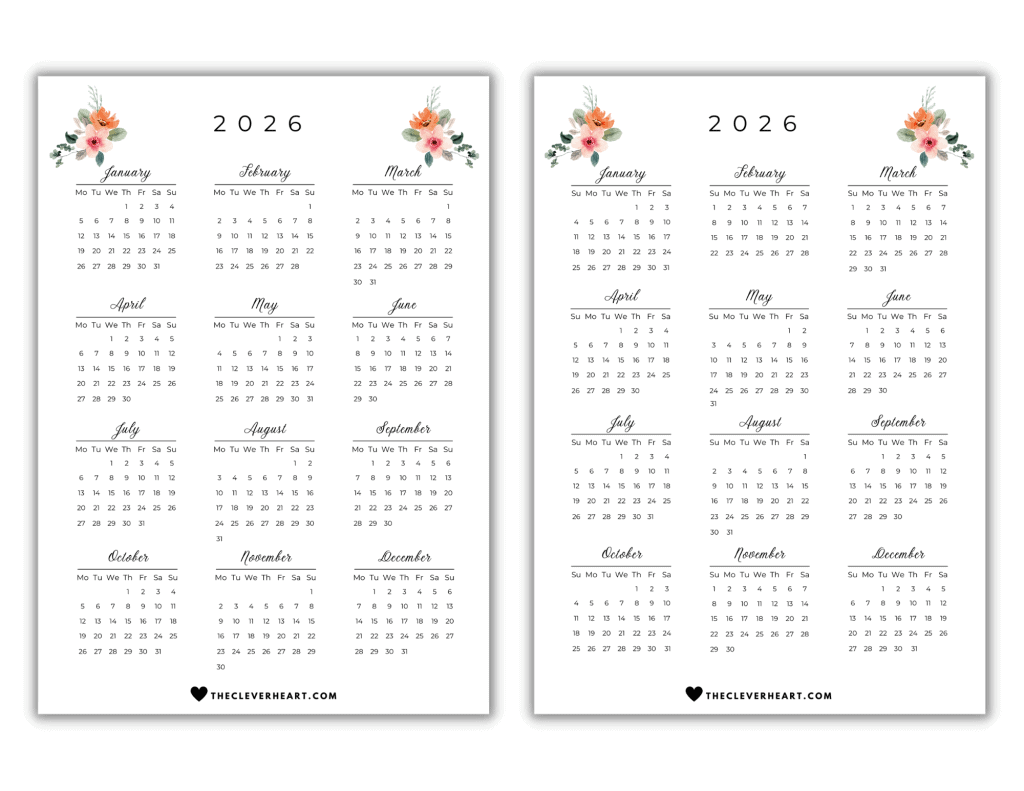 2026 yearly calendar printable floral