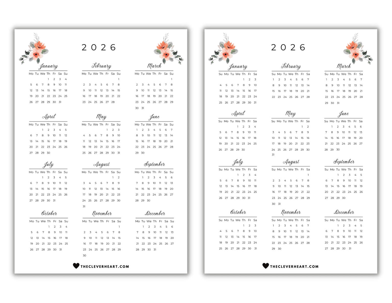 2026 Yearly Calendar Printable  Cute & Free Printable Calendars - The Clever Heart