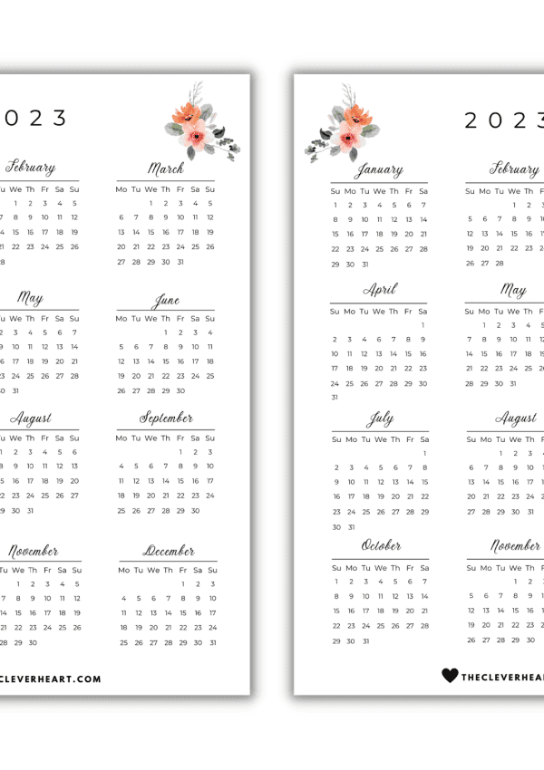 floral 2023 yearly calendar printable