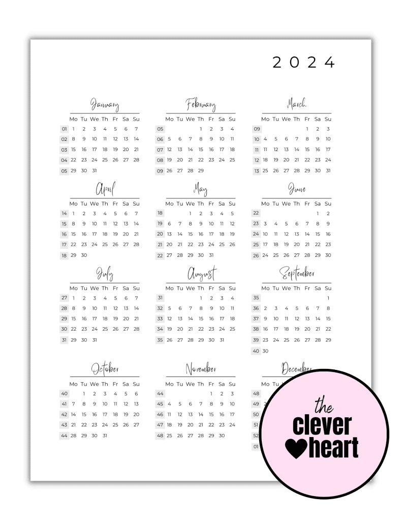 current week number printable calendar 2024 monday to sunday