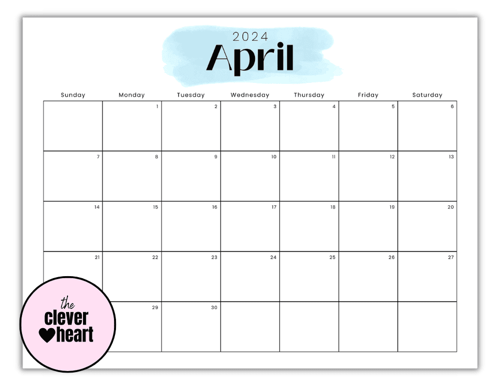 Horizontal April Highlight blue March Printable Calendar 2024