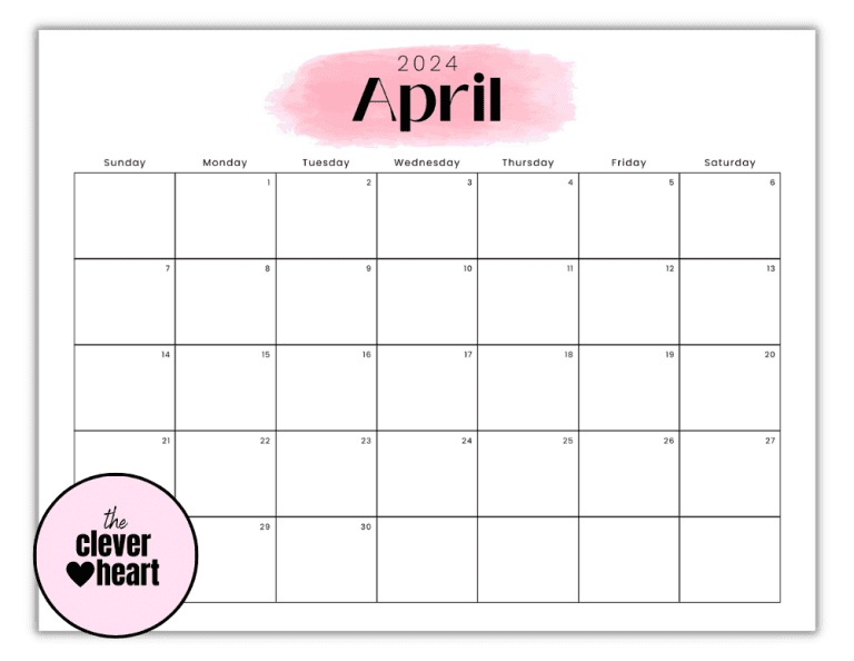 April 2024 Printable Calendar (Free Printable Calendars) - The Clever Heart