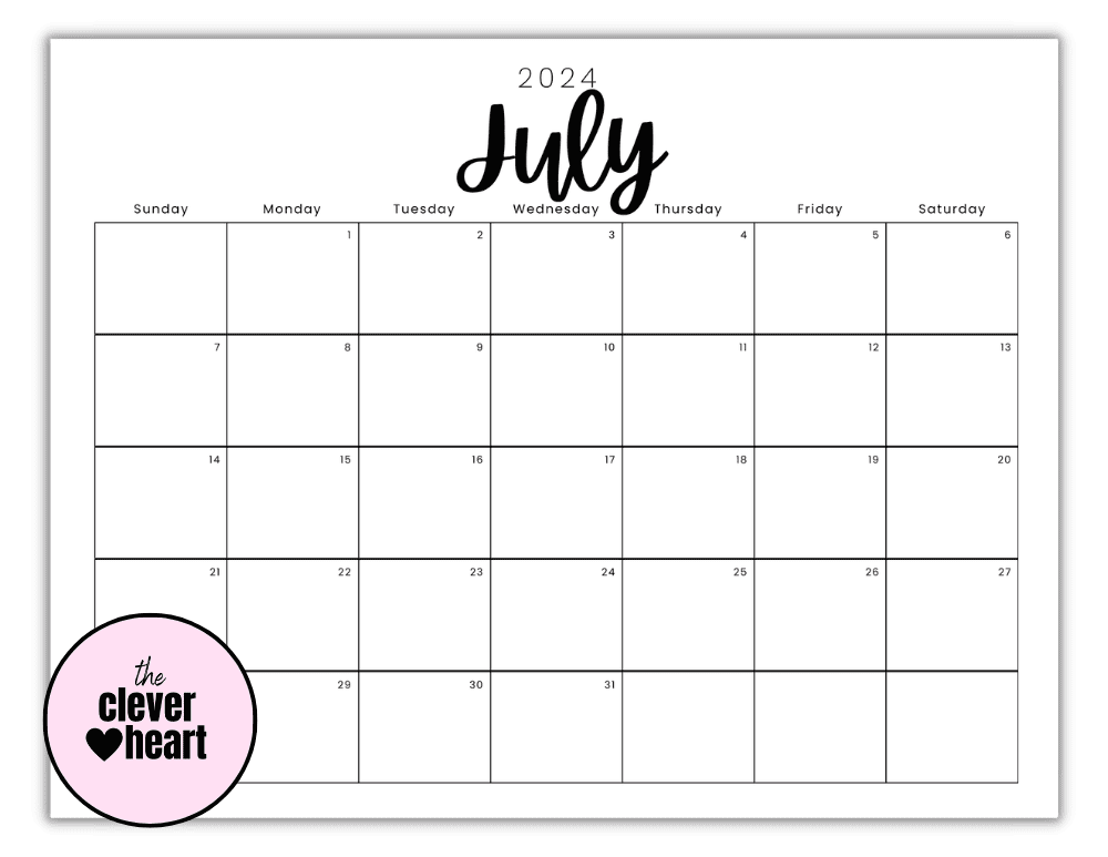 Horizontal Black and White July printable Calendar 2024 Script Font