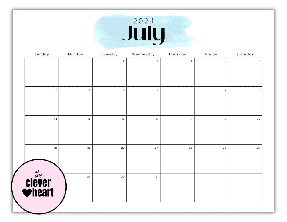 Horizontal Highlight blue July Printable Calendar 2024