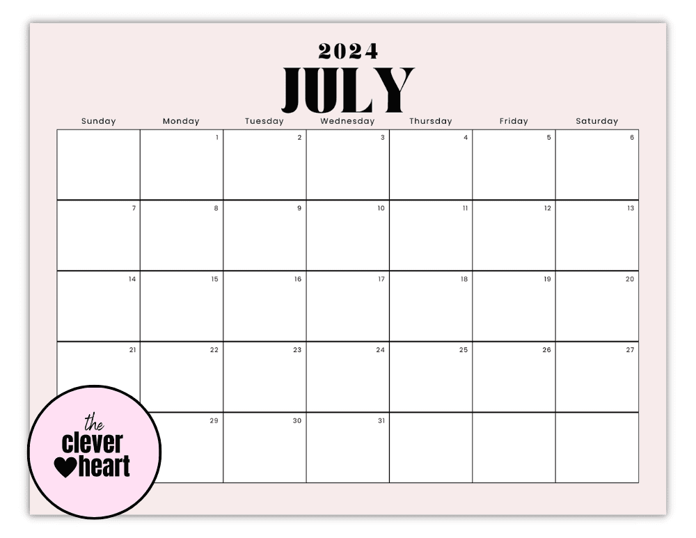 Horizontal July printable Calendar 2024 Pink Background