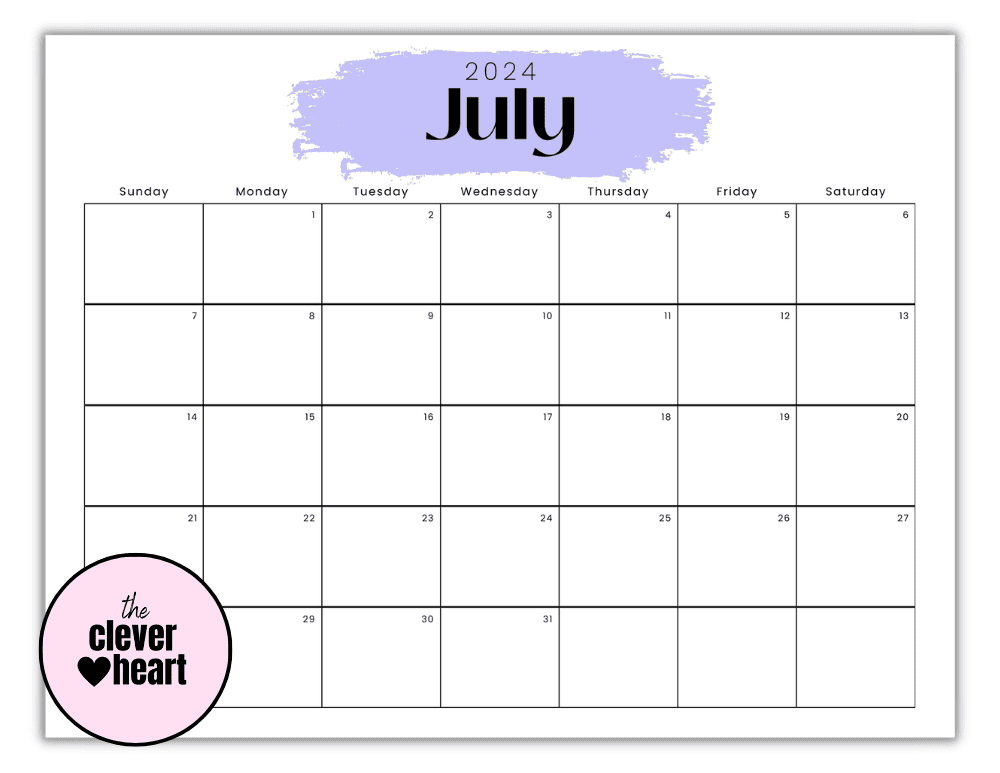 Horizontal Purple Highlight July printable Calendar 2024