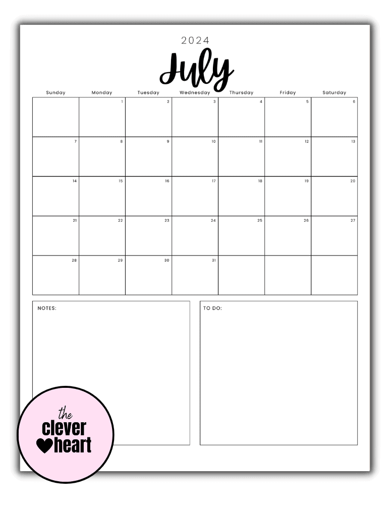 Vertical Black and White July printable Calendar 2024 Script Font