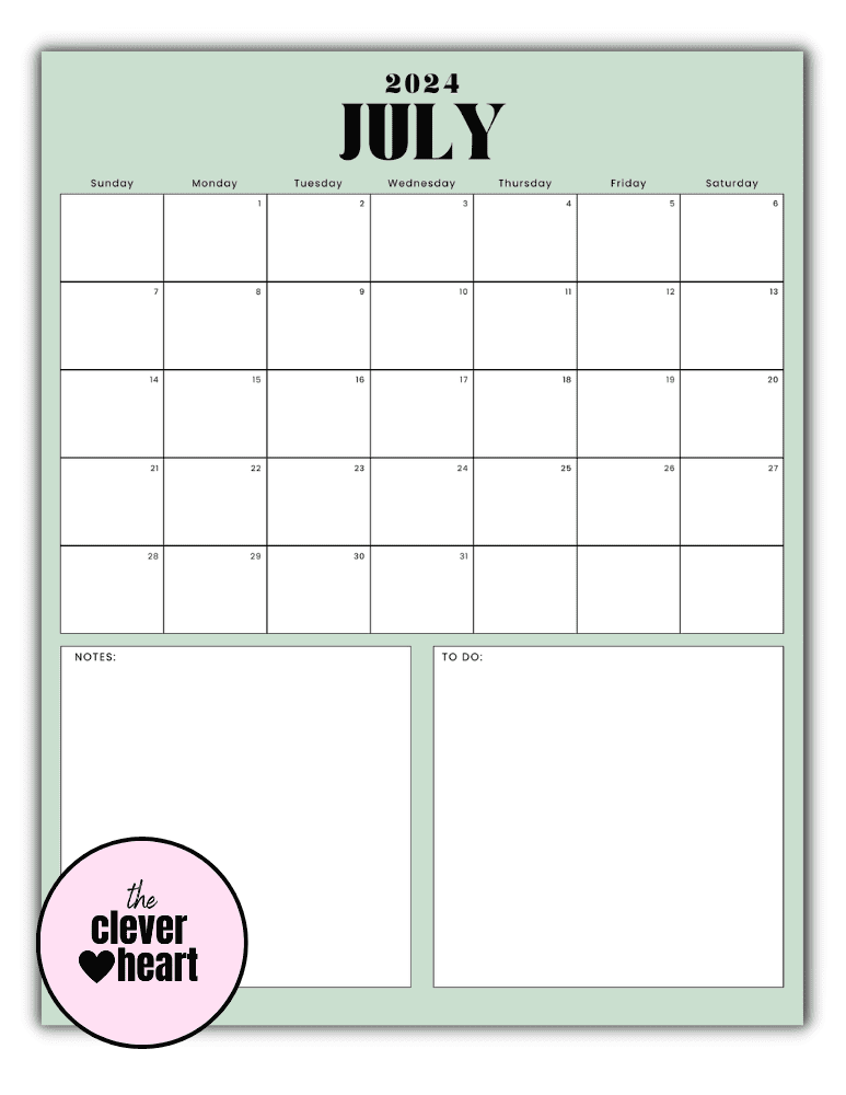 Vertical July printable Calendar 2024 Sage Green Background