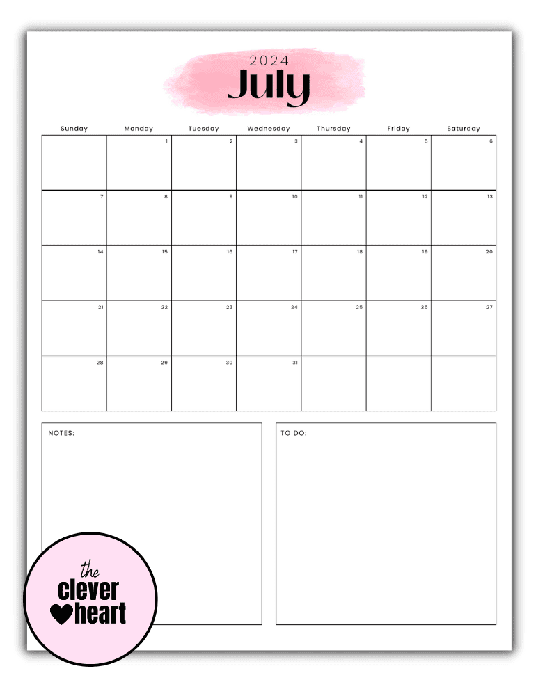 July Printable Calendar (Free Printable Calendars) The Clever Heart