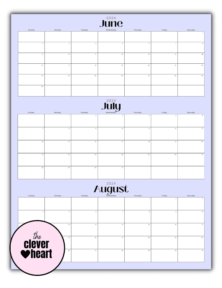 june july august calendar printable 2024 Purple Background