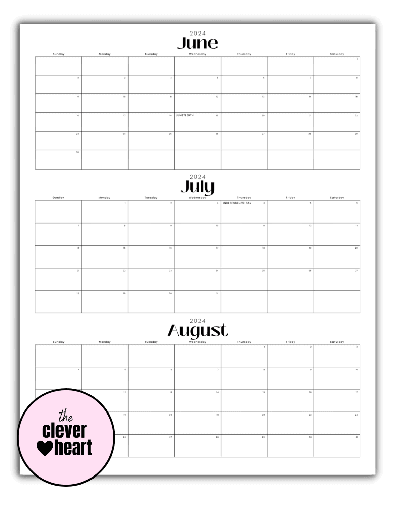 June July August 2024 Calendar (Free Printable) The Clever Heart