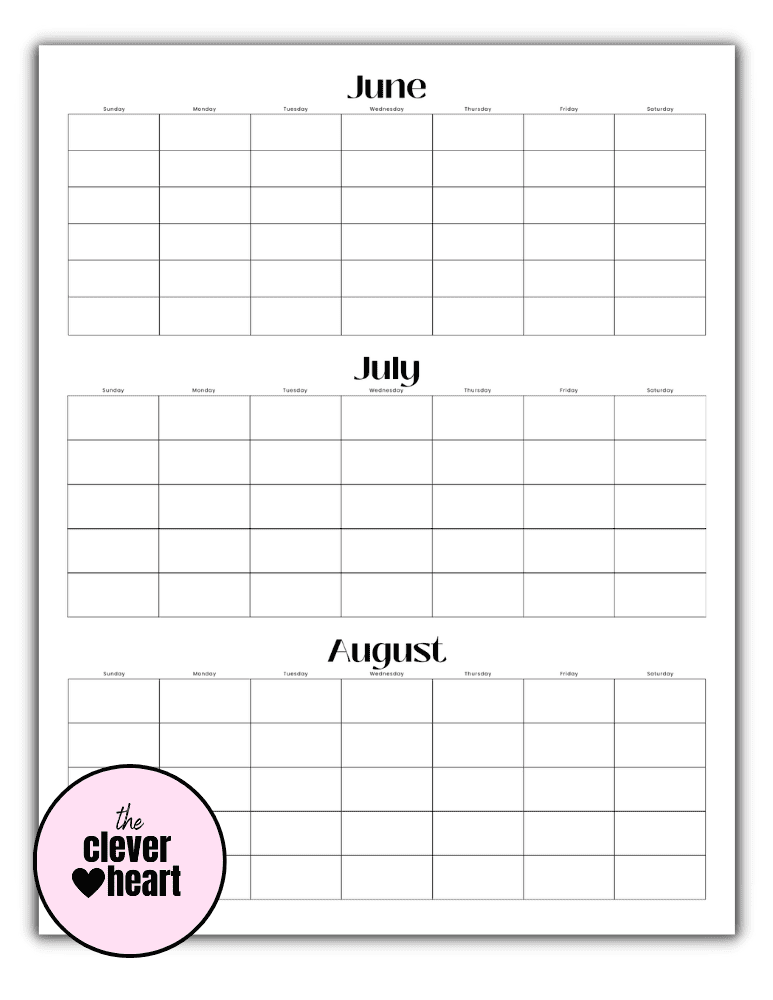 June July August 2024 Calendar (Free Printable) The Clever Heart