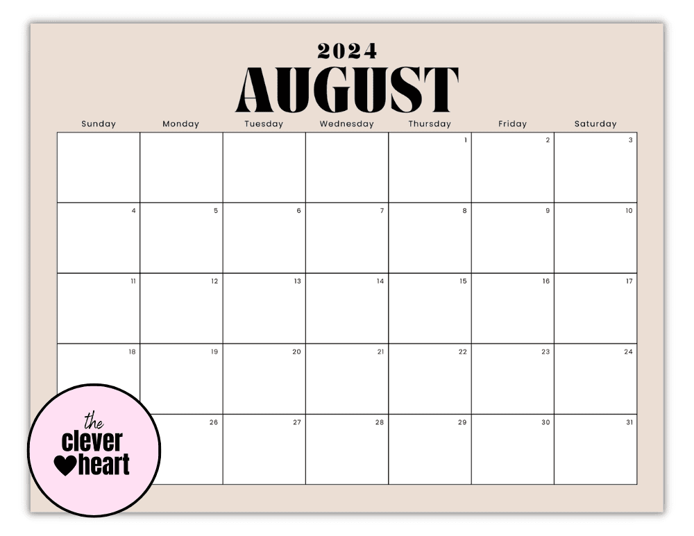 Horizontal August printable Calendar 2024 Beige Background