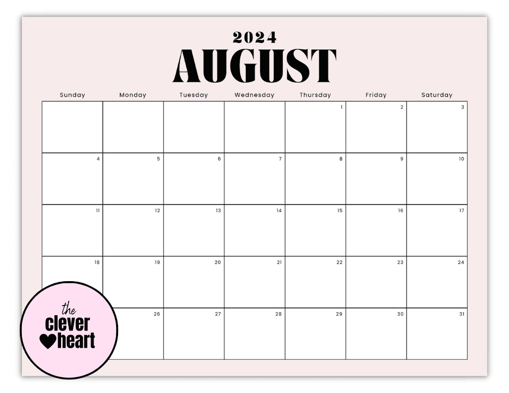 Horizontal August printable Calendar 2024 Pink Background