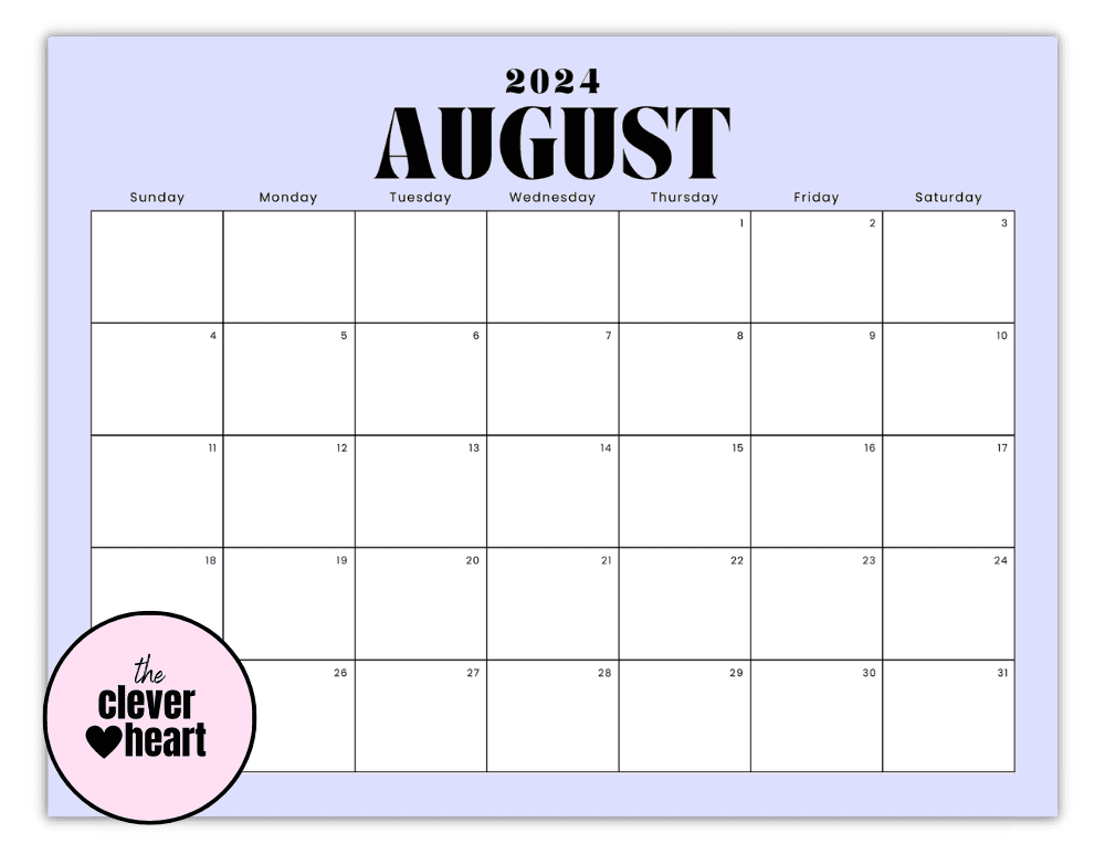 Horizontal August printable Calendar 2024 Purple Background