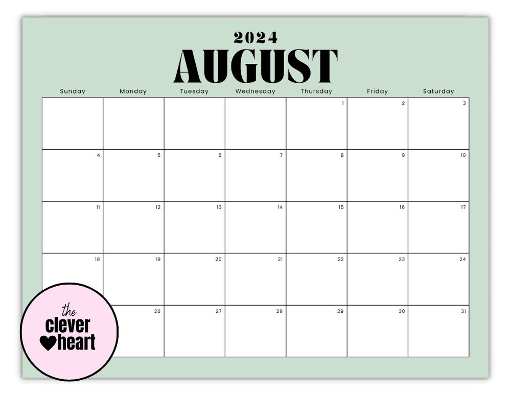 Horizontal August printable Calendar 2024 Sage Green Background