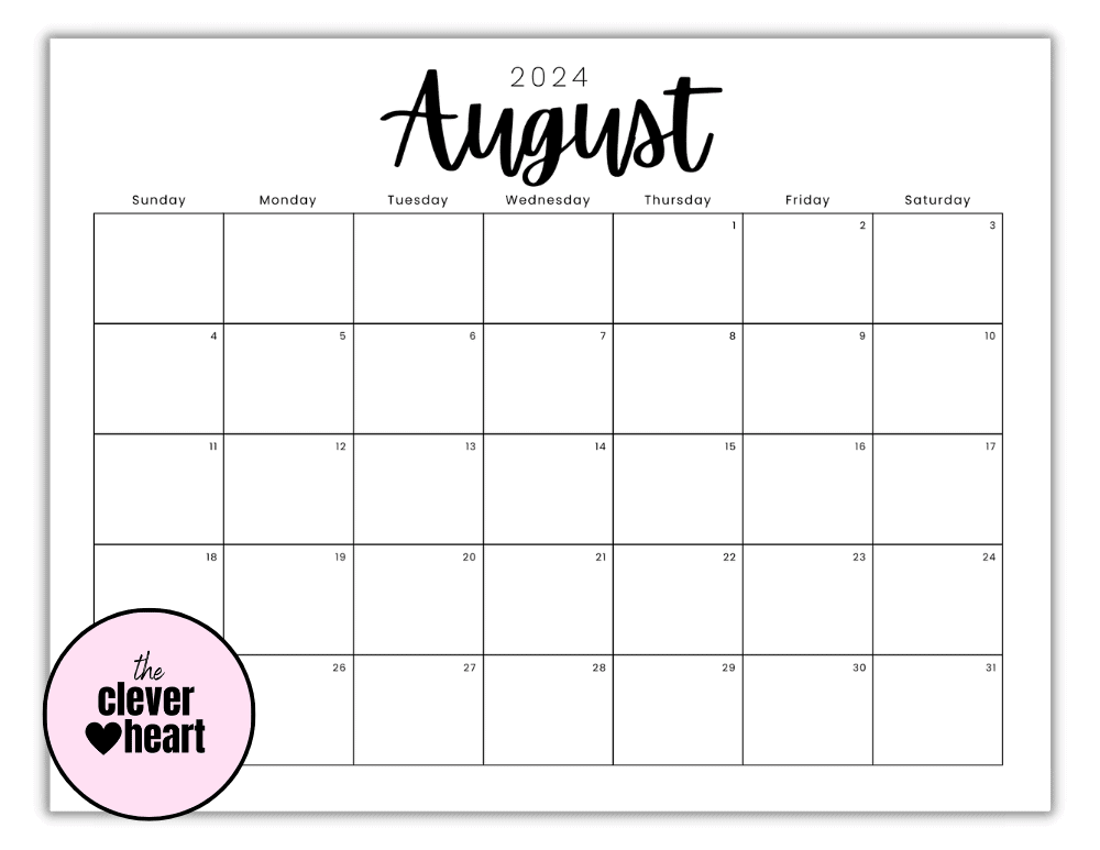 Horizontal Black and White August printable Calendar 2024 Script Font