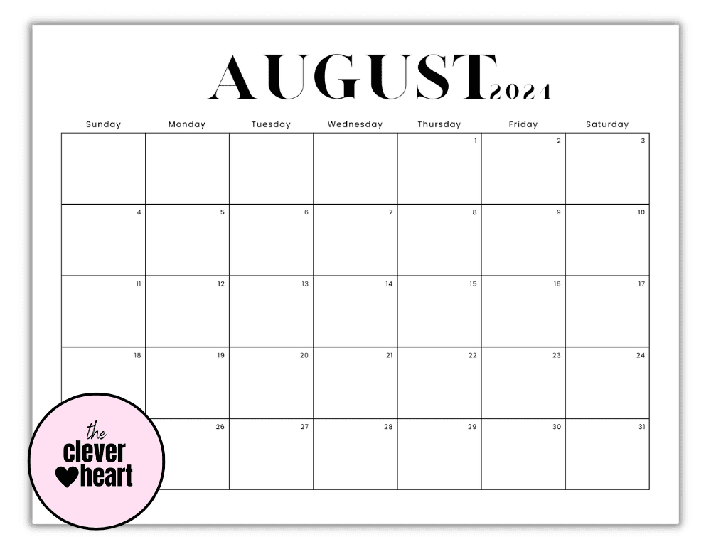 Horizontal Black and White Modern August printable Calendar 2024