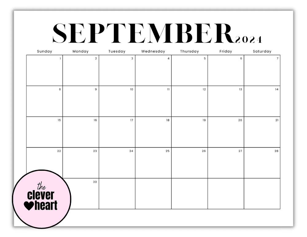 Horizontal Black and White Modern September printable Calendar 2024