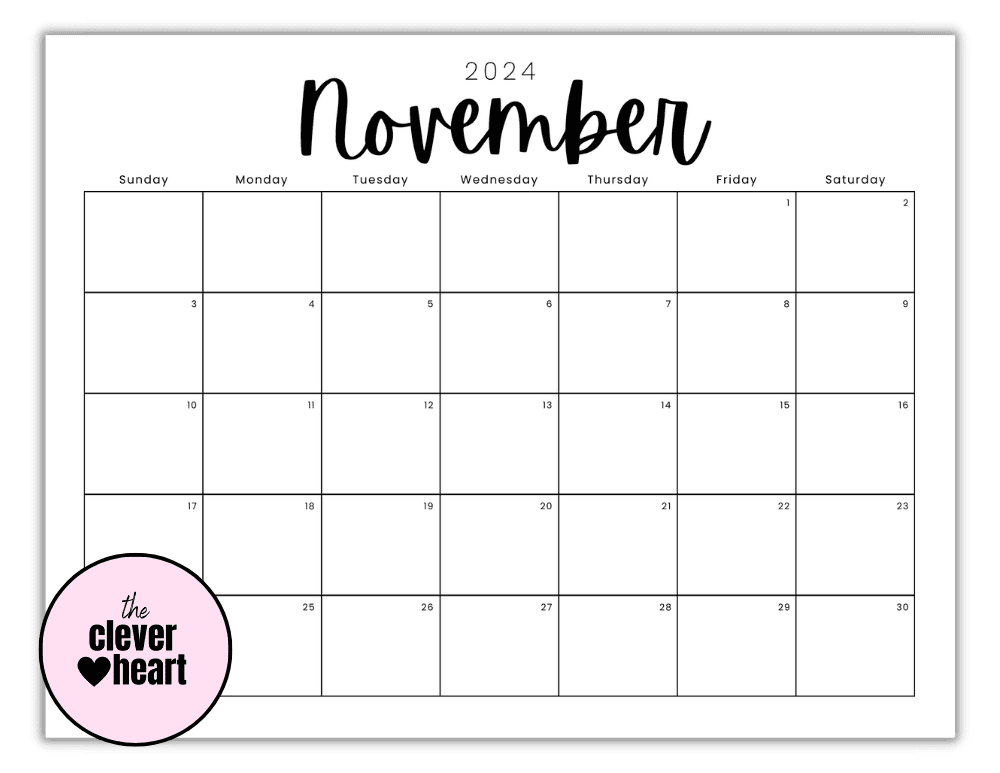 Horizontal Black and White November printable Calendar 2024 Script Font