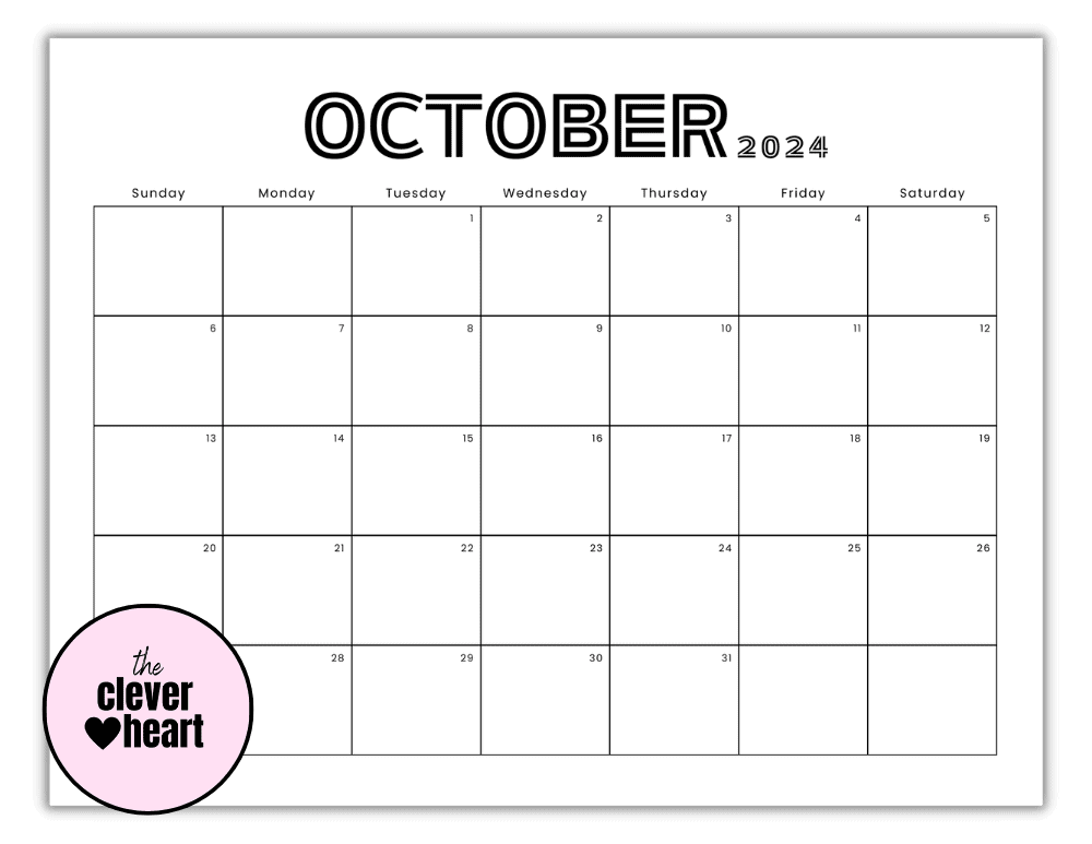 Horizontal Black and White October printable Calendar 2024 Lined Font