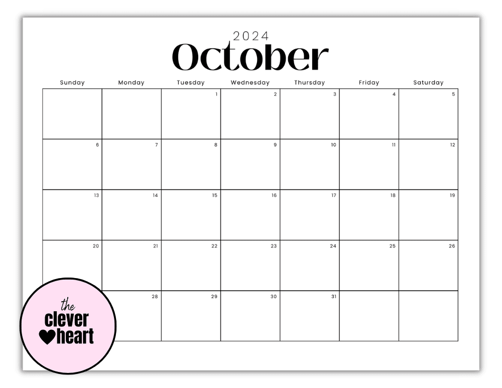 Horizontal Black and White October printable Calendar 2024