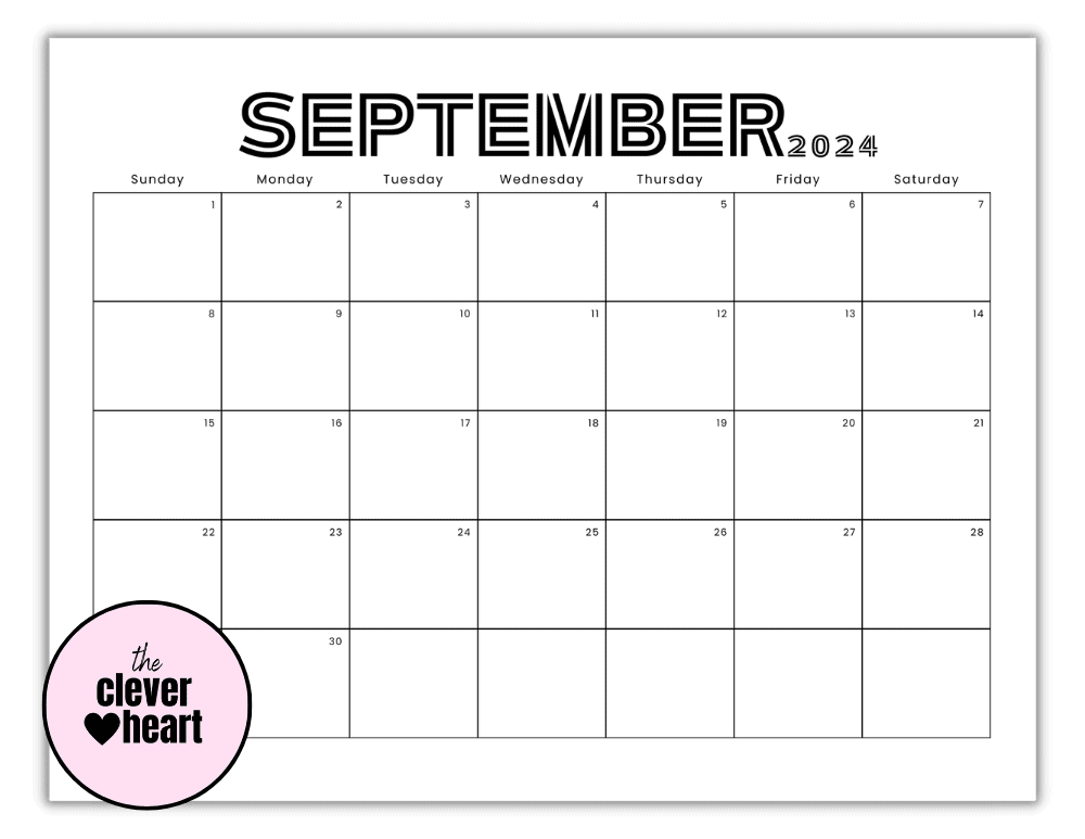 Horizontal Black and White September printable Calendar 2024 Lined Font