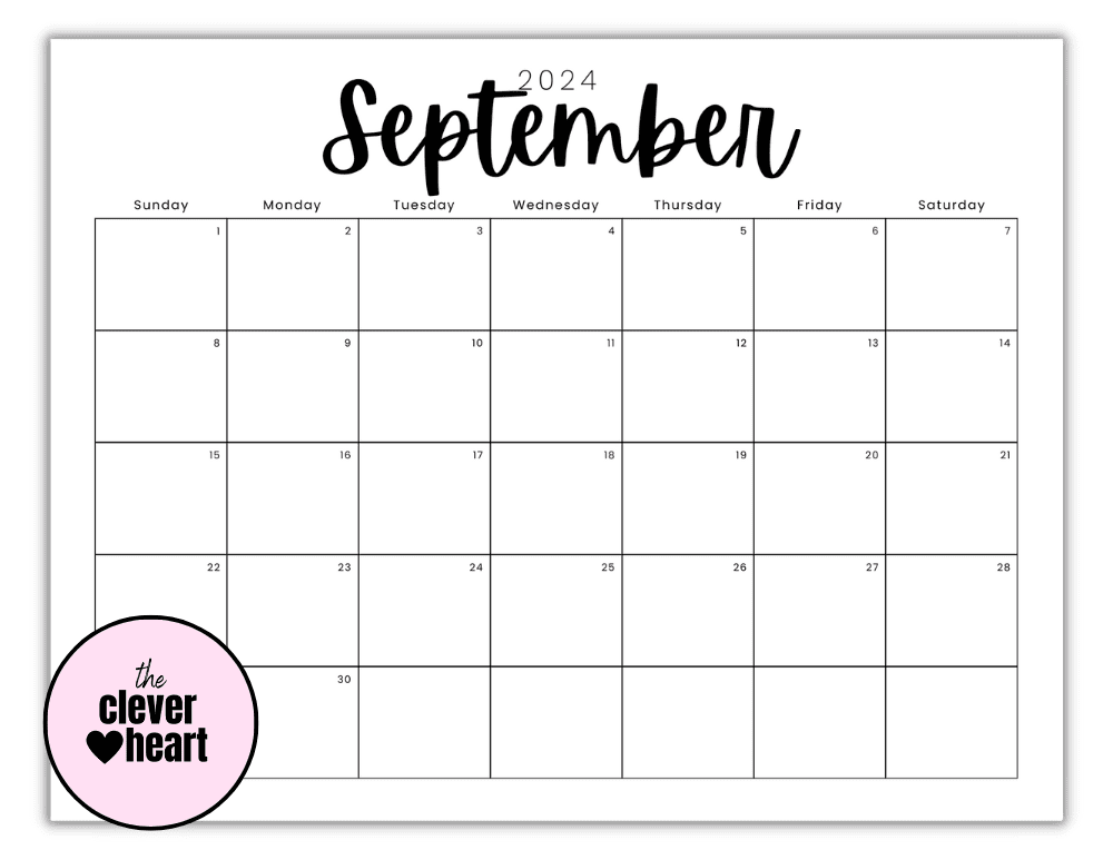 Horizontal Black and White September printable Calendar 2024 Script Font