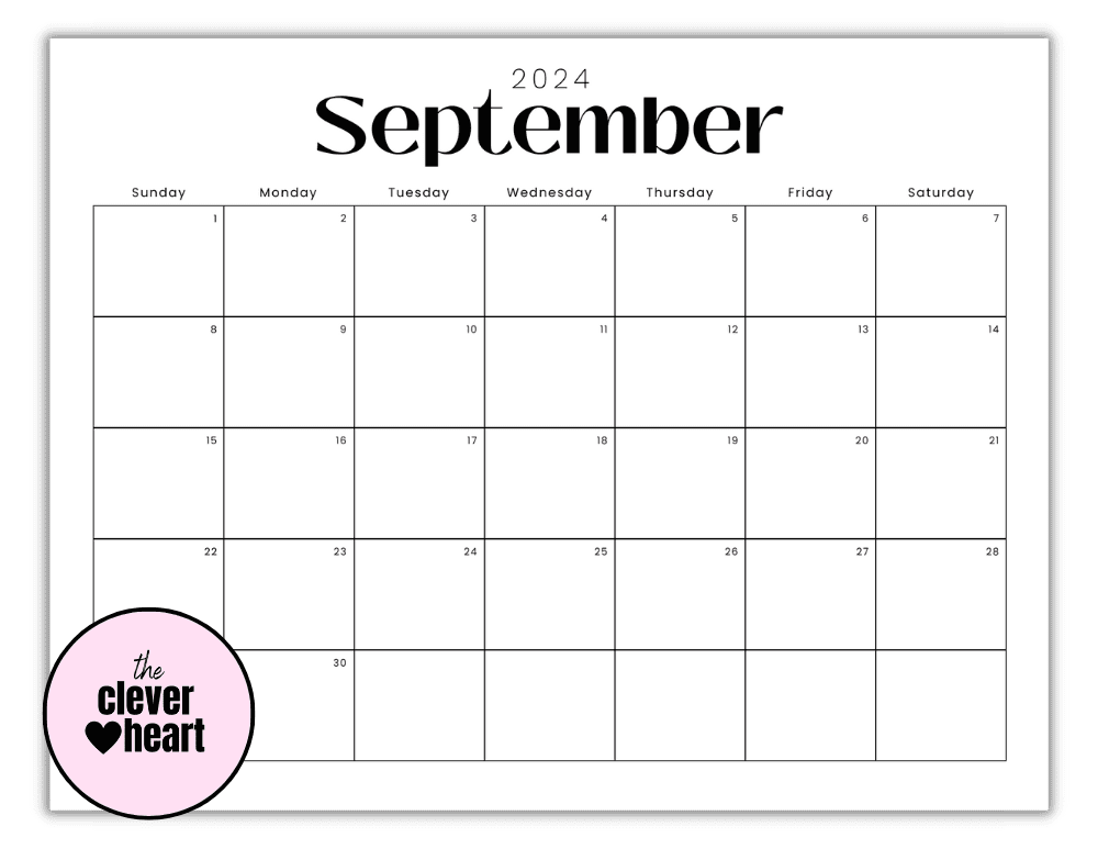 Horizontal Black and White September printable Calendar 2024