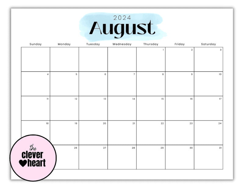 August 2024 Printable Calendar (Free Printable Calendars) - The Clever ...