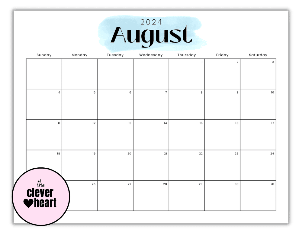 Horizontal Highlight blue August Printable Calendar 2024