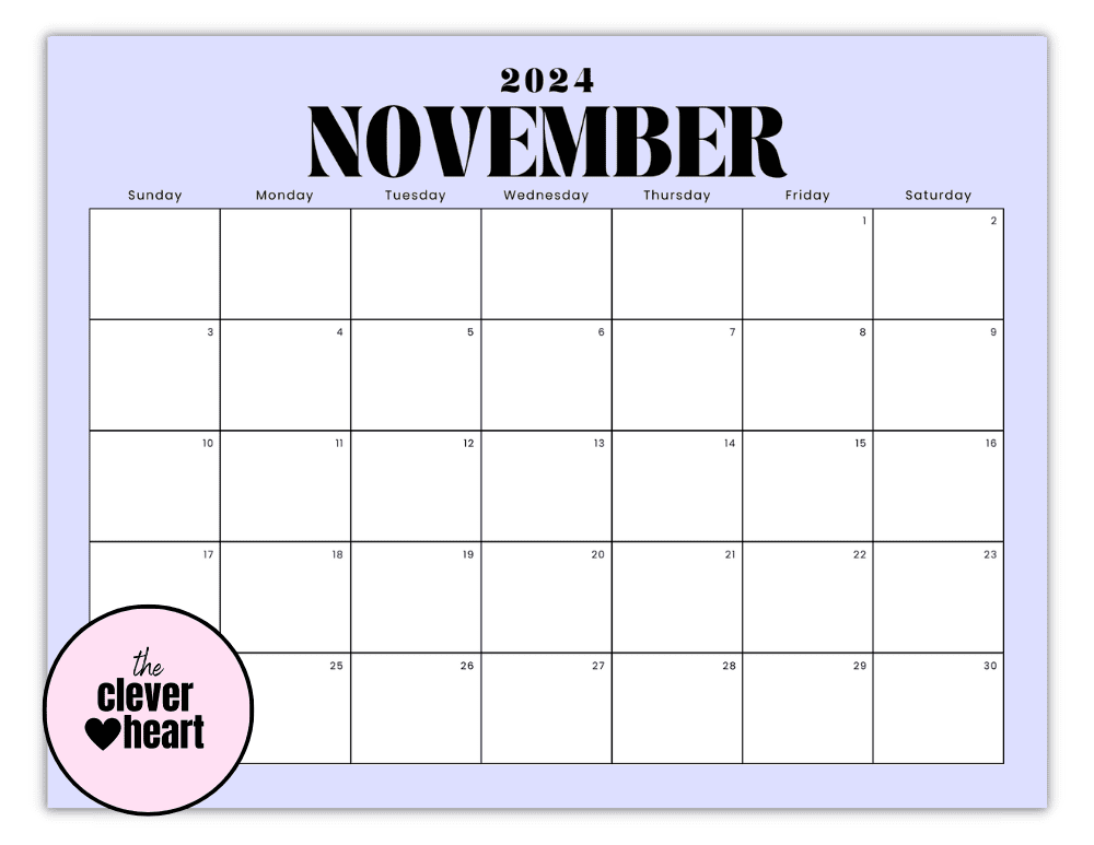 Horizontal November printable Calendar 2024 Purple Background