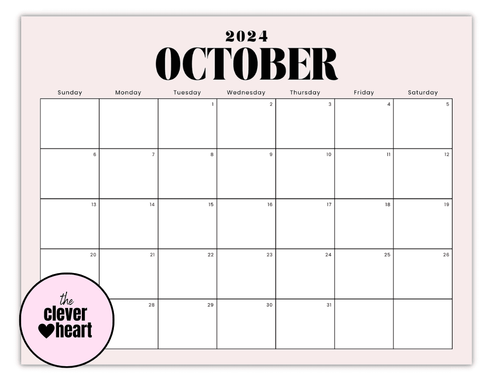 Horizontal October printable Calendar 2024 Pink Background