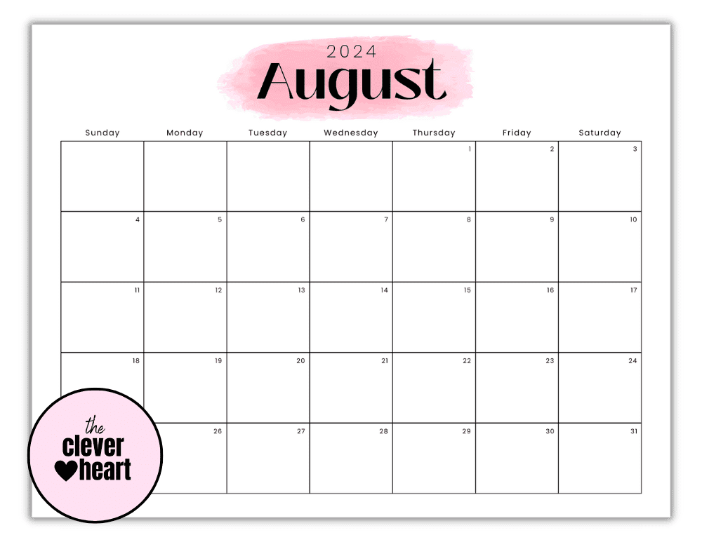 Horizontal Pink Highlight August Printable Calendar 2024