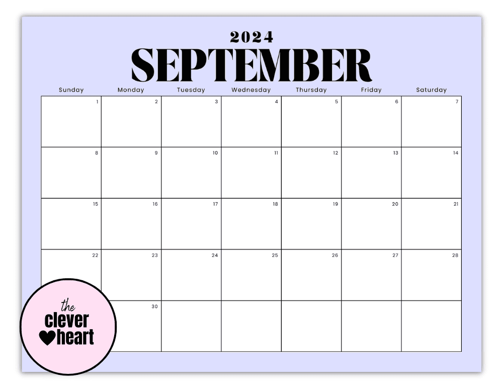 Horizontal September printable Calendar 2024 Purple Background