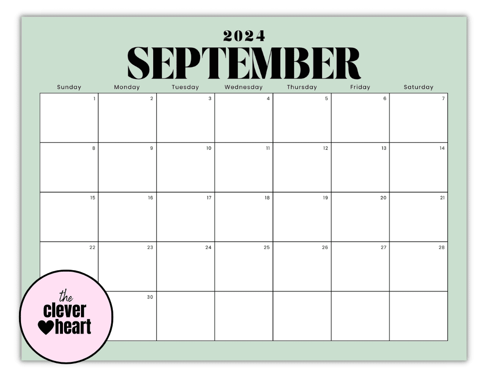 Horizontal September printable Calendar 2024 Sage Green Background