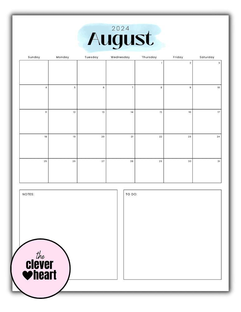 Vertical August Blue Highlight Printable Calendar 2024