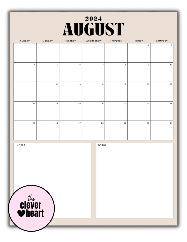 Vertical August printable Calendar 2024 Beige Background