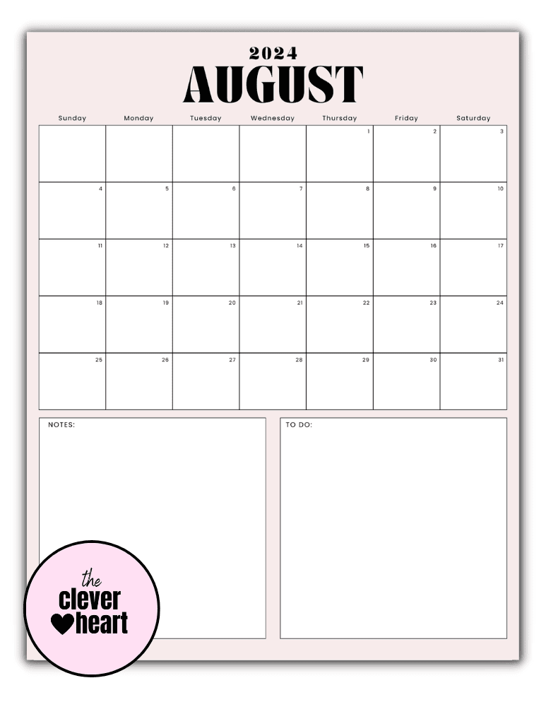 Vertical August printable Calendar 2024 Pink Background