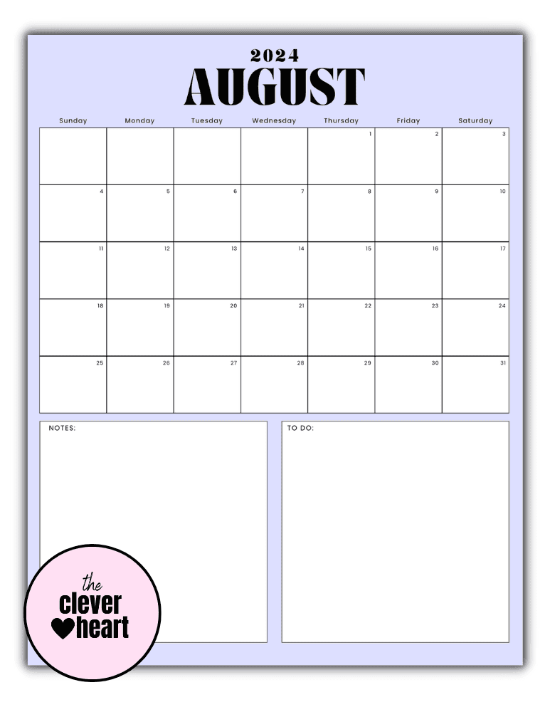 Vertical August printable Calendar 2024 Purple Background