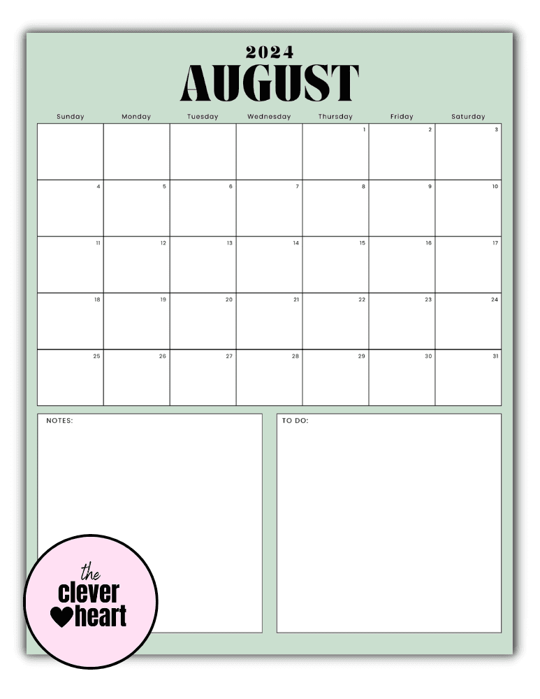 Vertical August printable Calendar 2024 Sage Green Background