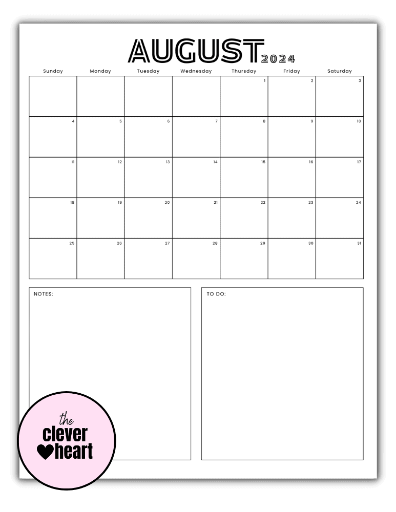 Vertical Black and White August printable Calendar 2024 Lined Font