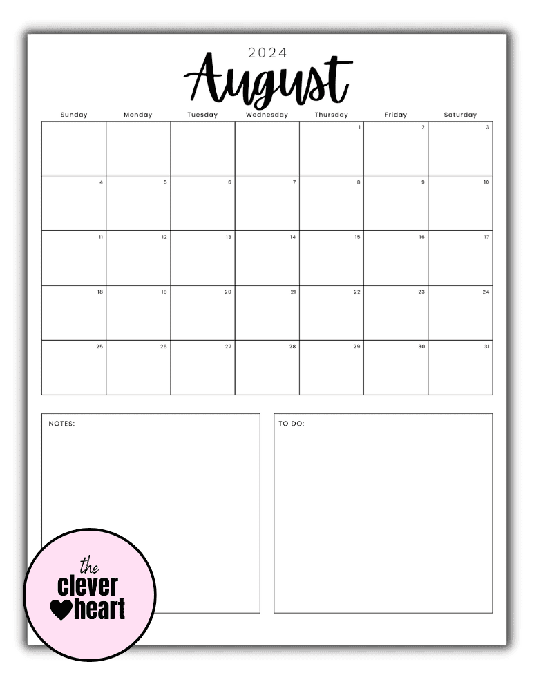 Vertical Black and White August printable Calendar 2024 Script Font