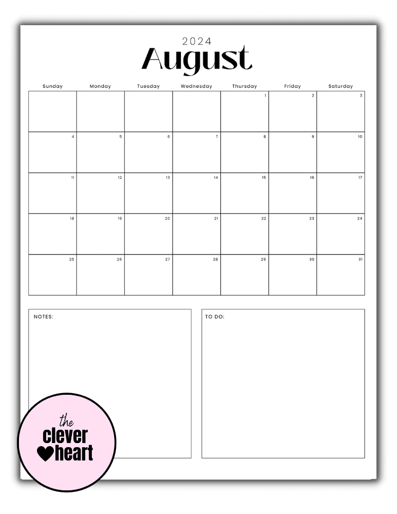 Vertical Black and White August printable Calendar 2024
