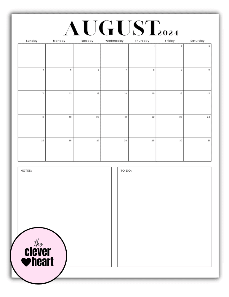 Vertical Black and White Modern August printable Calendar 2024