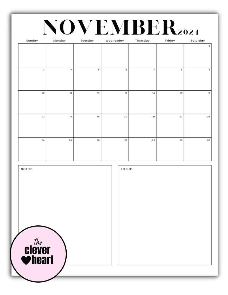 Vertical Black and White Modern November printable Calendar 2024
