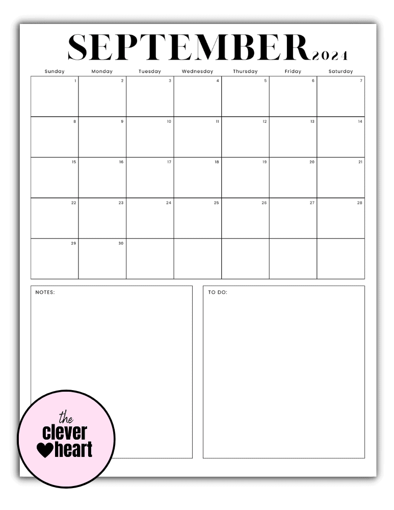 Vertical Black and White Modern September printable Calendar 2024