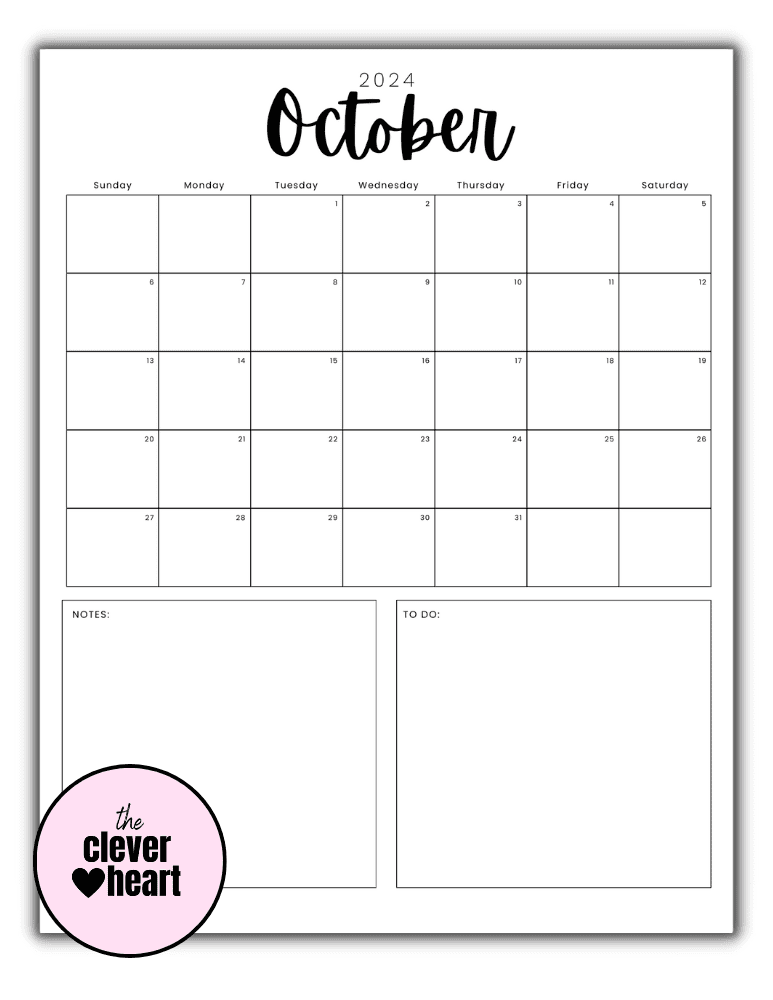 Vertical Black and White October printable Calendar 2024 Script Font