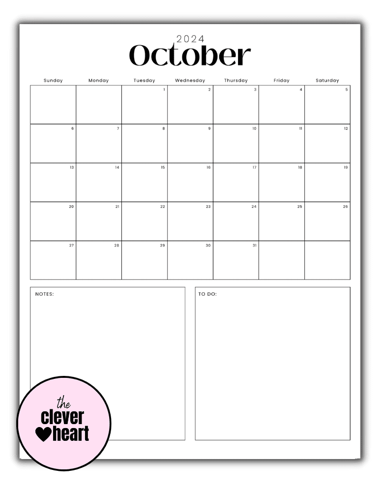 Vertical Black and White October printable Calendar 2024